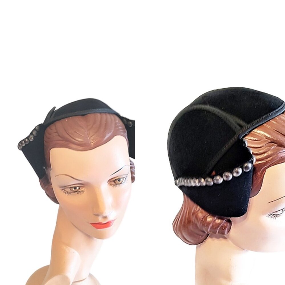 1930s True Vintage Black Cloche Style Felt Hat With Metal Studded Accents Deco